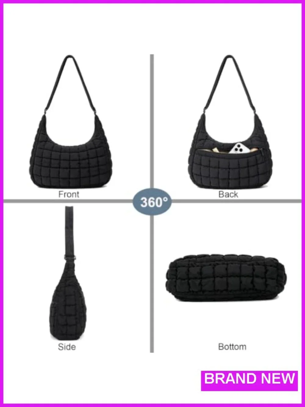 Quilted Nylon Crossbody Shoulder Hobo Bag for Women Padded Adjustable Strap
